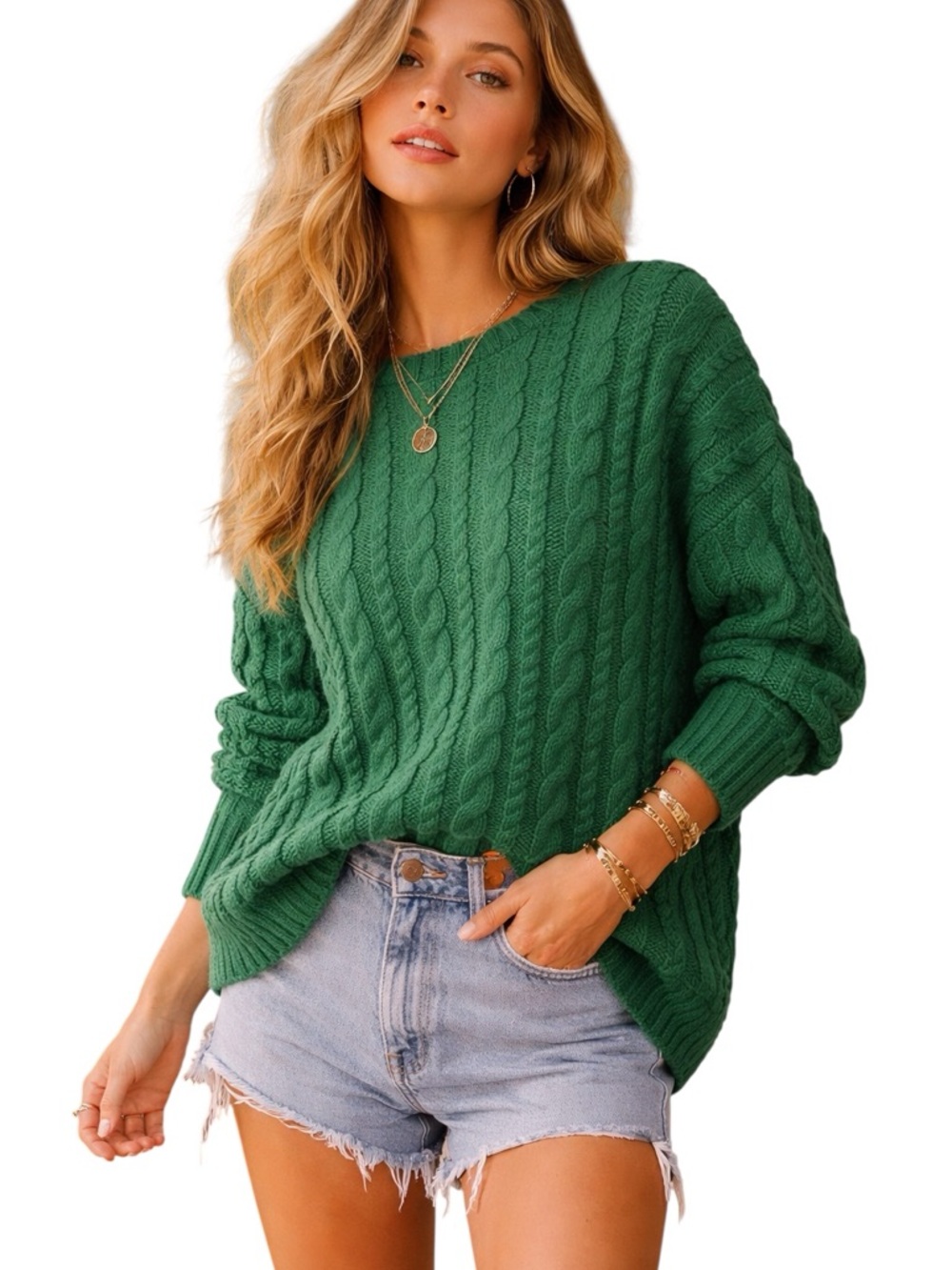 Show Me Your MuMu Emerald Green Cable Knit Long Sweater Size L Oversized